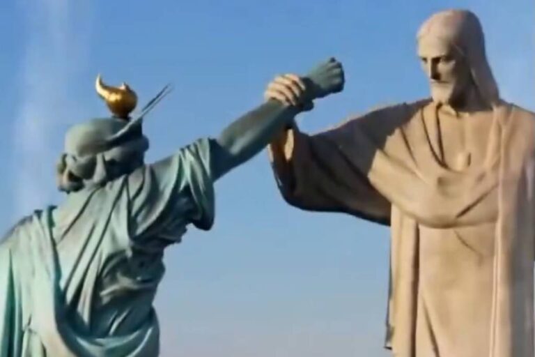 ira-publica-video-de-ia-que-mostra-luta-entre-cristo-redentor-e-estatua-da-liberdade;-veja