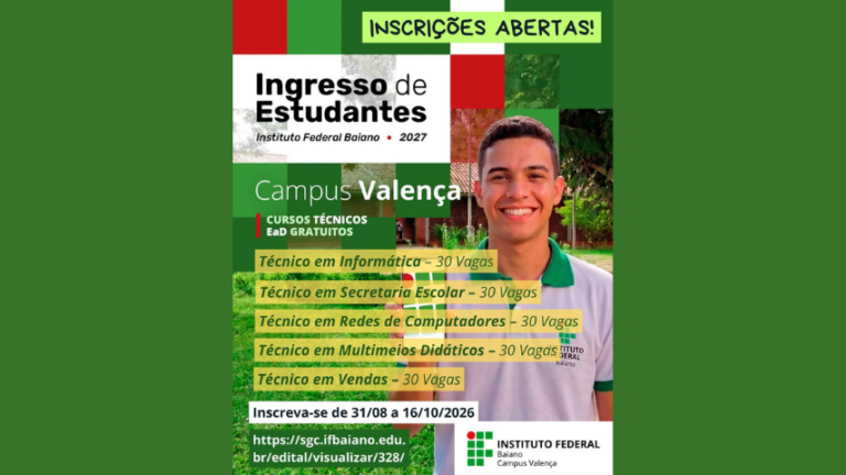 IF Baiano abre inscrições para cursos técnicos EaD gratuitos em Valença, Camamu e Nazaré if-baiano-abre-inscricoes-para-cursos-tecnicos-ead-gratuitos-em-valenca,-camamu-e-nazare